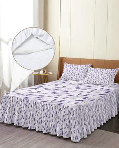 Falda de cama con flores de lavanda, colcha ajustada elástica con fundas de almohada, Funda de colchón, Sábana