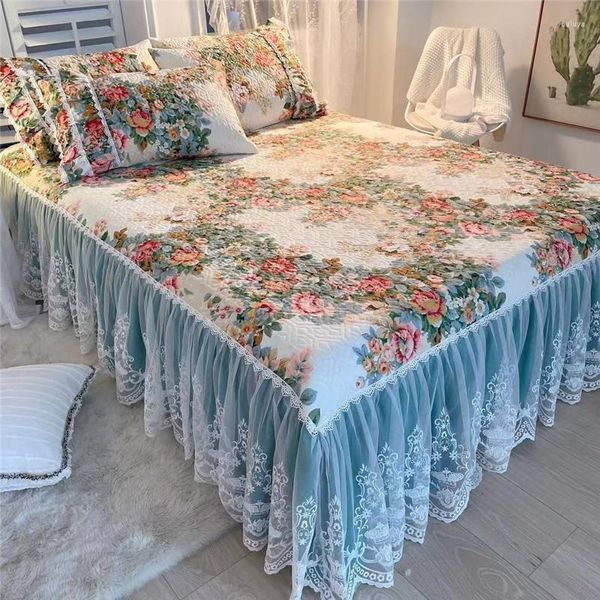 Jupe de lit luxe américain Floral literie coton matelassé dentelle volants housse de matelas couvre-lit taies d'oreiller nordique taille 1/3Pc