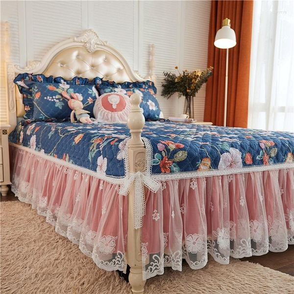 Falda de cama de lujo coreano Floral princesa algodón acolchado encaje volantes Funda de colchón colcha fundas de almohada 1/3 Uds