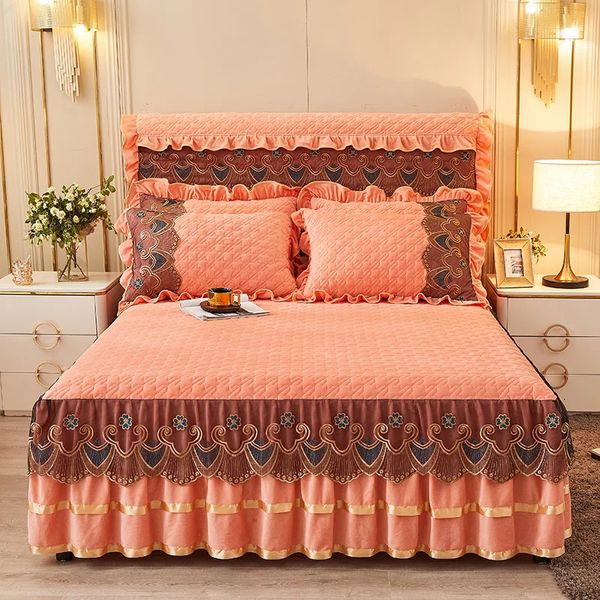 Falda de cama de encaje de lujo, colcha de invierno naranja, cama gruesa para el hogar, sábanas estilo falda, colchas de algodón bordadas de estilo europeo 231130