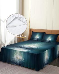 Jupe de lit magique fleur de Lotus, Surface d'eau, couvre-lit élastique avec taies d'oreiller, housse de matelas, ensemble de literie, drap