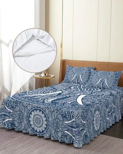 Jupe de lit Mandala éléphant bleu bohème, couvre-lit élastique avec taies d'oreiller, housse de matelas, ensemble de literie, drap