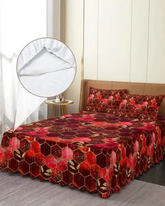 Jupe de lit Texture nid d'abeille marbre, couvre-lit élastique rouge avec taies d'oreiller, housse de matelas, ensemble de literie, drap