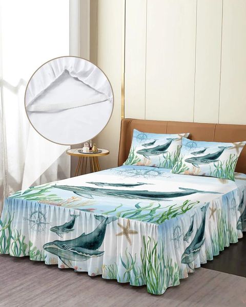 Jupe de lit Marine thème Animal Baleine étoile de mer élastique couchée coupée avec taies d'oreiller Mattress HEPLE SEPLE