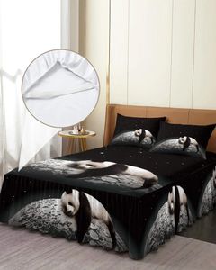 Jupe de lit lune nuit ciel étoile Panda noir couvre-lit élastique avec taies d'oreiller housse de matelas ensemble de literie drap