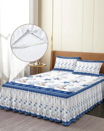 Falda de cama, colcha elástica con fundas de almohada, Funda de colchón, Sábana, concha de barco de Coral, estrella de mar y océano