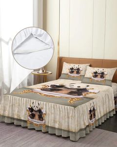 Jupe de lit Panda assis sur le canapé, couvre-lit élastique rétro avec taies d'oreiller, housse de matelas, ensemble de literie, drap
