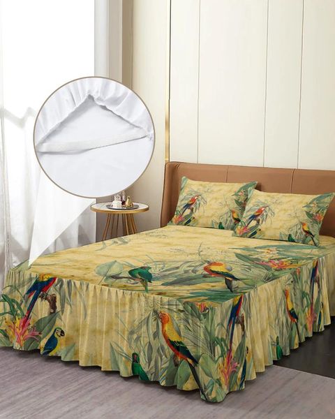 Jupe de lit perroquet fleurs plante rétro, couvre-lit élastique avec taies d'oreiller, housse de matelas, ensemble de literie, drap