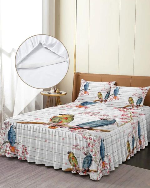 Jupe de lit perroquet fleurs planche de bois couvre-lit élastique avec taies d'oreiller housse de matelas ensemble de literie drap