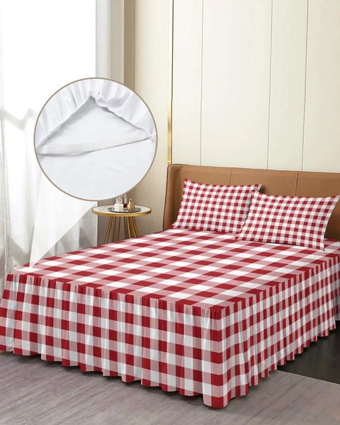 Jupe de lit Style pastoral rouge blanc plaid élastique couvre-lit avec toire