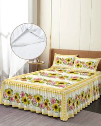 Jupe de lit Jupe de lit à carreaux tournesol pastorale couvre-lit ajusté élastique avec taies d'oreiller protecteur de lit housse de matelas ensemble de literie drap de lit 231019