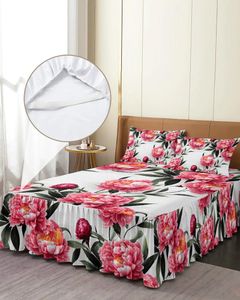 Jupe de lit avec peinture à l'encre de fleur de pivoine, couvre-lit élastique avec taies d'oreiller, housse de protection de matelas, ensemble de literie, drap