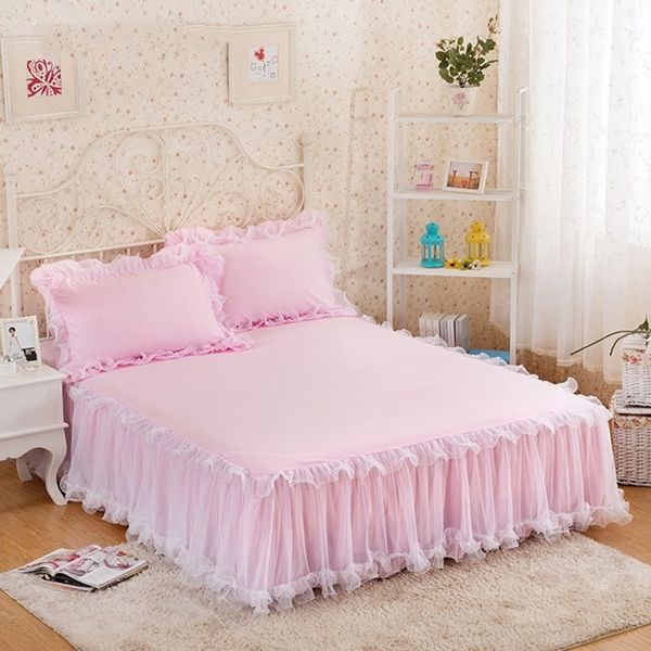 Jupe de lit en dentelle rose feuille de lotus jupes de lit en dentelle style princesse couvre-lit de couleur unie draps antidérapants sans taie d'oreiller 230324