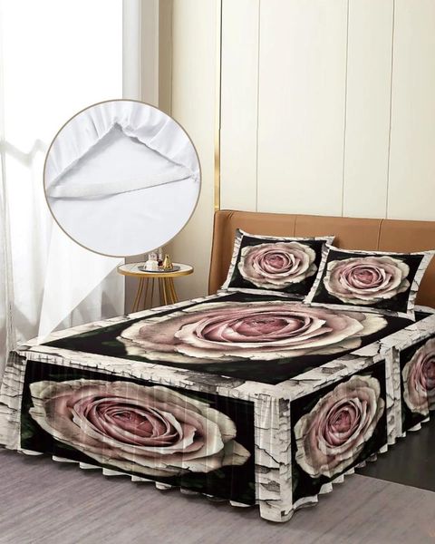 Falda de cama con marco de madera, colcha elástica con fundas de almohada, Funda de colchón, Sábana