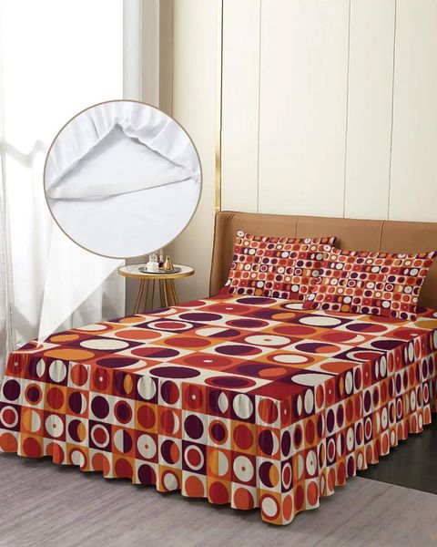 Jupe de lit à carreaux rectangulaires, couvre-lit rond, Orange, rouge, élastique, avec taies d'oreiller, housse de matelas, ensemble de literie, drap