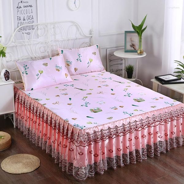 Jupe de lit princesse en dentelle avec taie d'oreiller pour filles, tapis en soie glacée, drap de literie, couvre-lit antidérapant