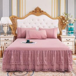 Bedrok kwaliteit beige roze 1 stks kanten bed rok prinses sprei's plat laken voor meisje matras cover king queen size 180x200 200x220cm 230510