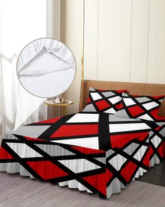 Falda de cama, colcha ajustada elástica cuadrada geométrica, rojo, negro, gris, con fundas de almohada, Funda de colchón, Sábana