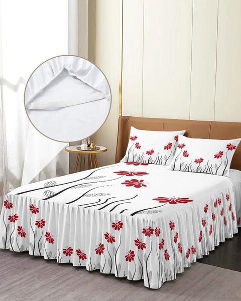 Falda de cama con líneas de flores rojas, colcha ajustada elástica con fundas de almohada, Funda protectora para colchón, juego de sábanas