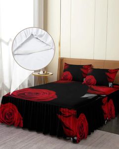 Jupe de lit rouge Rose fleur noir, couvre-lit élastique avec taies d'oreiller, housse de protection de matelas, ensemble de literie, drap