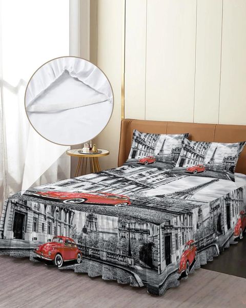 Jupe de lit rouge Vintage voiture Paris tour rue couvre-lit élastique avec taies d'oreiller housse de matelas ensemble de literie drap