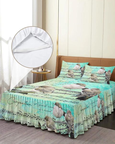 Falda de cama Retro Gradual textura de lujo pájaro música nota colcha equipada con fundas de almohada Funda de colchón juego de cama sábana