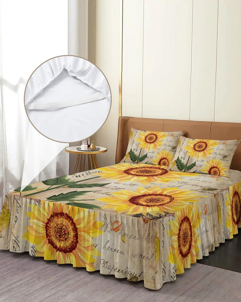 Bettrock, Retro-Shabby-Sonnenblume, elastische Tagesdecke mit Kissenbezügen, Schutz, Matratzenbezug, Bettwäsche-Set, Bettlaken