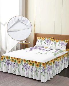 Jupe de lit printemps Eucalyptus tournesol lavande, couvre-lit élastique avec taies d'oreiller, housse de matelas, ensemble de literie, drap