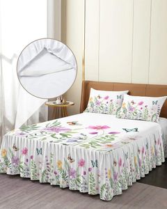 Jupe de lit printemps fleur plante feuille papillon élastique couvre-lit ajusté avec taies d'oreiller housse de matelas ensemble de literie drap