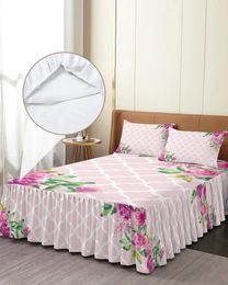 Jupe de lit printemps rose fleur marocaine élastique couvre-lit ajusté avec taies d'oreiller housse de matelas ensemble de literie drap