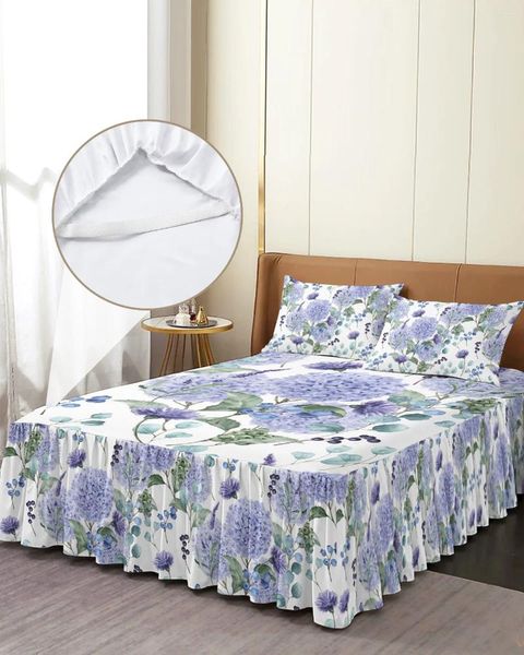 Jupe de lit printemps aquarelle hortensia, couvre-lit élastique avec taies d'oreiller, housse de matelas, ensemble de literie, drap