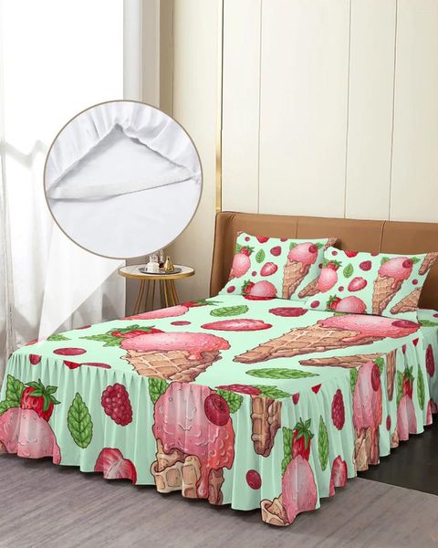 Falda de cama verano helado fruta fresa colcha elástica con fundas de almohada Funda de colchón juego de cama sábana