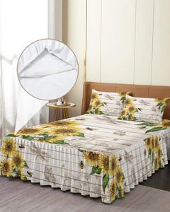 Jupe de lit tournesol abeille papillon Texture bois, couvre-lit élastique avec taies d'oreiller, housse de matelas, ensemble de literie, drap