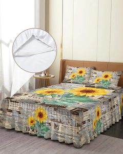 Jupe de lit tournesol Vintage en papier Grain de bois, couvre-lit élastique avec taies d'oreiller, housse de matelas, ensemble de literie, drap