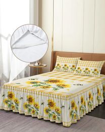 Jupe de lit tournesol aquarelle fleur abeille Plaid élastique couvre-lit ajusté avec taies d'oreiller housse de matelas ensemble de literie drap