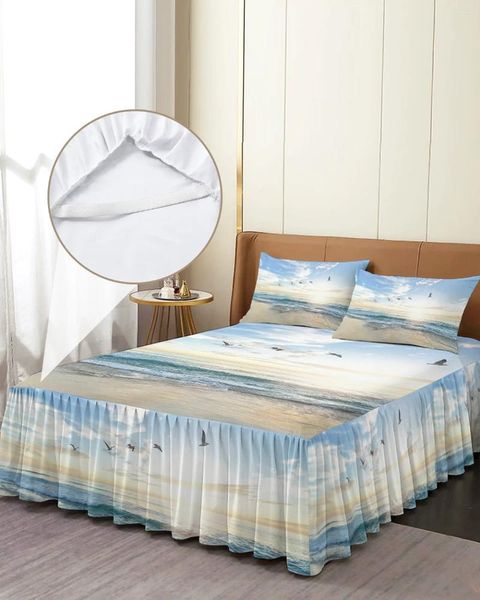 Falda de cama con pintura de paisaje marino, colcha elástica con fundas de almohada, Funda de colchón, Sábana