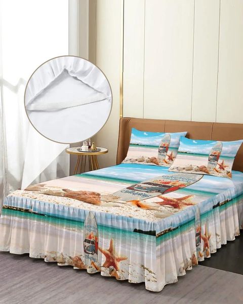 Jupe de lit, planche de surf, coquille d'étoile de mer, couvre-lit élastique avec taies d'oreiller, housse de matelas, ensemble de literie, drap