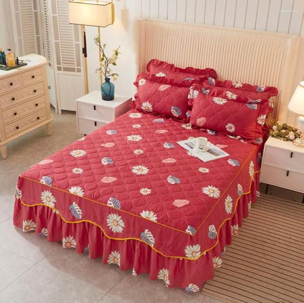 Falda de cama gruesa manta de algodón acolchada ropa de cama textil colcha Sábana de invierno con funda de almohada resistente a las manchas F0379