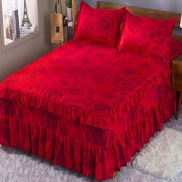 Jupe de lit trois couches dentelle mariage rouge doux jupe de lit été coton couvre-lit jupe roi reine taille avec taie d'oreiller 2 pièces 230424