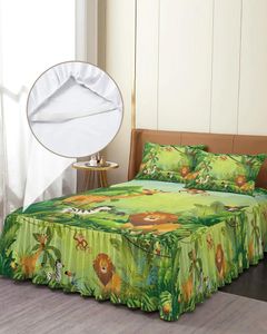 Jupe de lit Jungle tropicale dessin animé Animal Lion couvre-lit élastique avec taies d'oreiller housse de matelas ensemble de literie drap