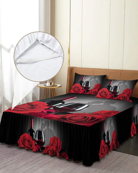 Jupe de lit pour la saint-valentin, fleur de Rose, vin rouge, couvre-lit élastique avec taies d'oreiller, housse de matelas, ensemble de literie, drap