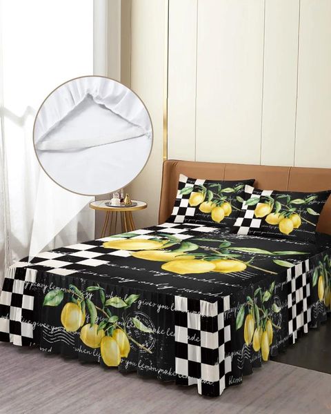 Jupe de lit Vintage à carreaux de fruits de ferme, couvre-lit élastique noir avec taies d'oreiller, housse de matelas, ensemble de literie, drap