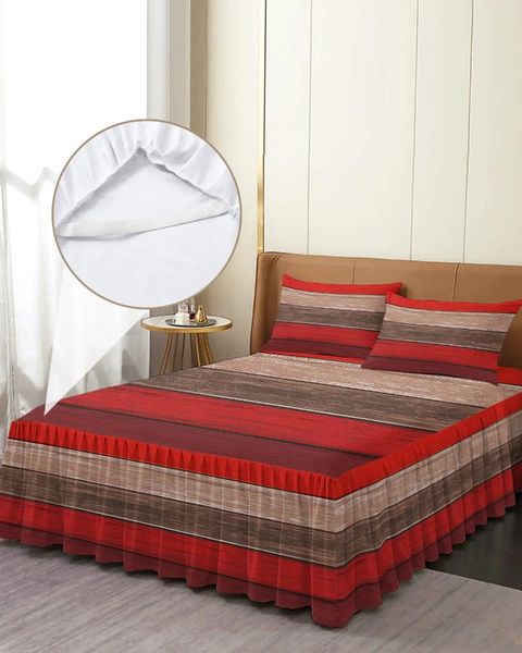 Falda de cama Vintage granja rojo grano de madera gradiente colcha ajustada elástica con fundas de almohada Funda de colchón juego de cama sábana