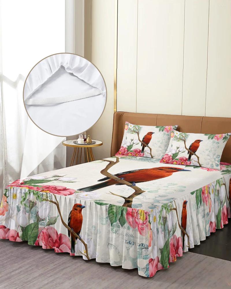 Jupe de lit Fleurs vintage et oiseaux couvrets élastiques avec des taies de couverture de matelas protector