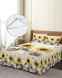 Falda de cama Vintage flores mariposas girasol colcha ajustada elástica con fundas de almohada Funda de colchón juego de cama Sábana