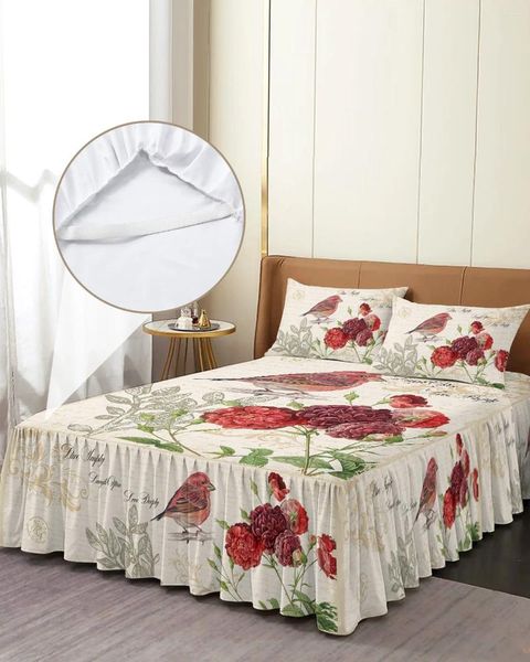 Jupe de lit Vintage, lettre rouge oiseau fleur, couvre-lit élastique rétro avec taies d'oreiller, housse de matelas, ensemble de literie, drap