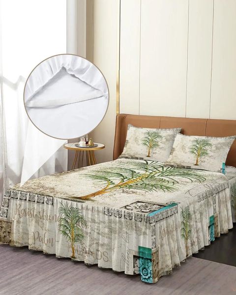 Falda de cama Vintage planta Tropical palmera colcha ajustada elástica con fundas de almohada Funda de colchón juego de cama sábana