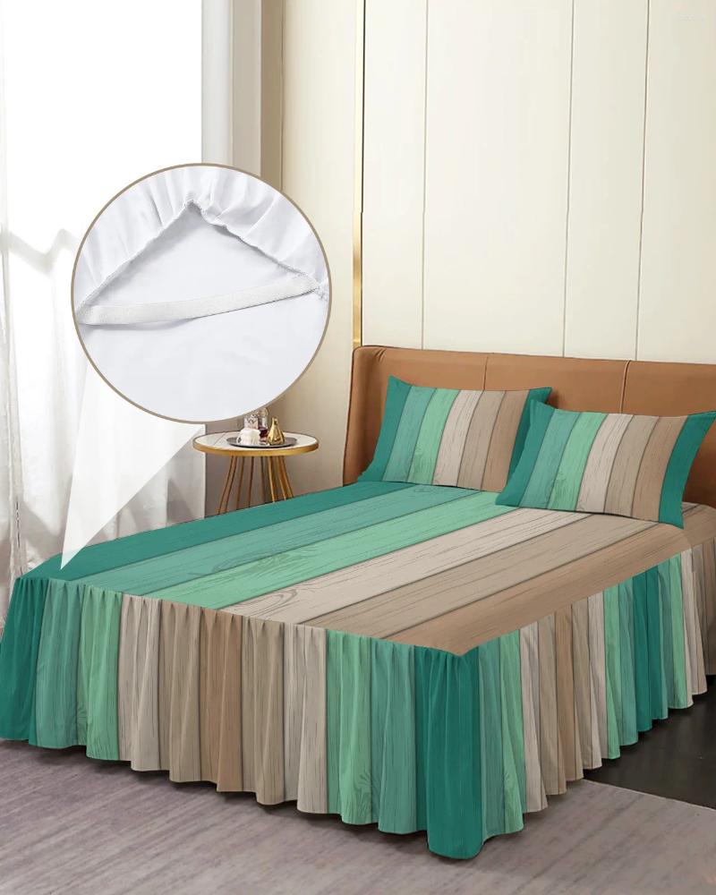 Saia de cama vintage turquesa marrom gradual grão de madeira colcha equipada com fronhas capa de colchão conjunto de cama lençol