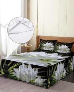 Jupe de lit Lotus blanc et pierres Zen noires, couvre-lit élastique avec taies d'oreiller, housse de matelas, ensemble de literie, drap