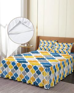 Jupe de lit jaune bleu géométrique marocain rétro élastique couvre-lit ajusté avec taies d'oreiller housse de matelas ensemble de literie drap